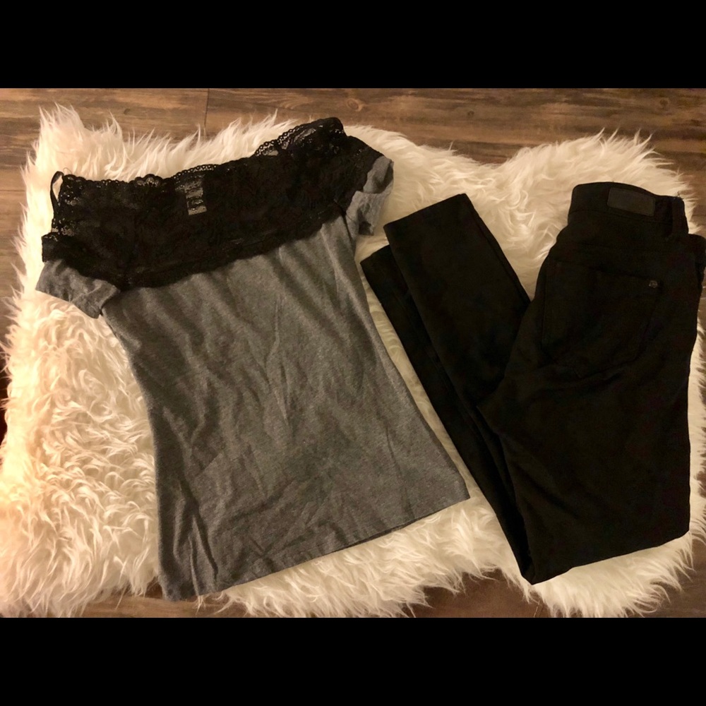 Black lace and grey off shoulder top